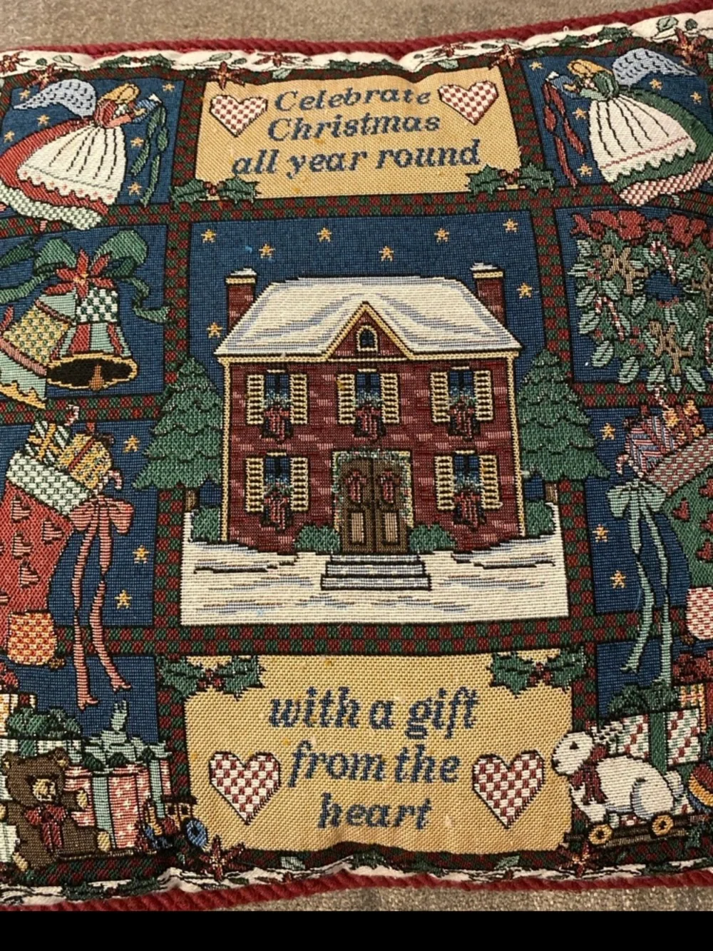 Vintage Tapestry Christmas Pillow - “Celebrate Christmas all year round…